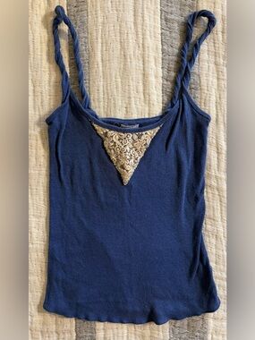 Hollister Vintage Tank Top Navy with Cream Lace Inset